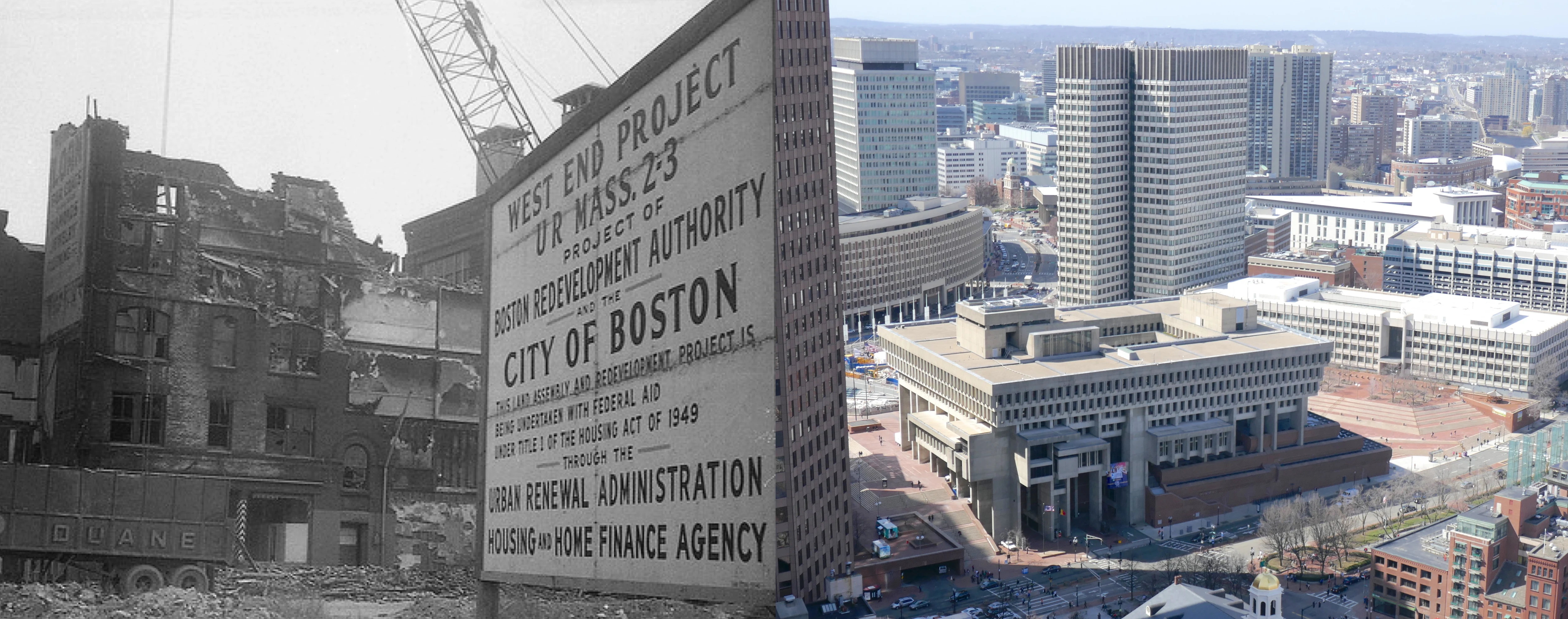 Сложная ткань Бостонского Вест-Энда (слева), развивавшаяся десятилетиями, была разрушена в 1950—х годах-большая ее часть была заменена радикально новыми зданиями правительственного центра (справа). / Кредит: слева: музей Вест-Энда, Бостон; справа: фото NewtonCourt имеет лицензию CC BY-SA 4.0