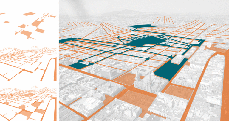 CCD Гвадалахара, Мексика.Слева вверху: общественные места, автомобильная сеть и новое прочтение городских коммуникаций, возникающее из синергии двух из них.