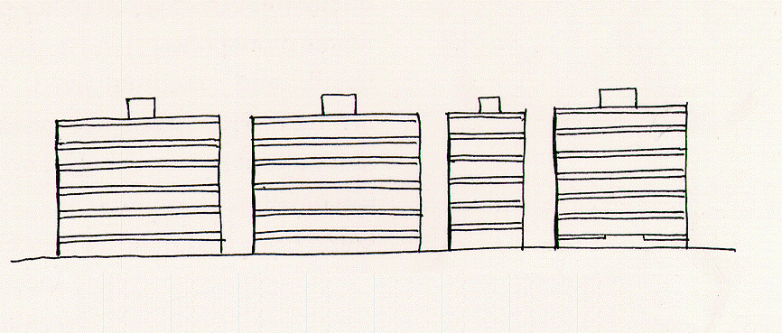 Рисунок 1. Ограниченная высота здания. Максимальная реализация арендуемых полов подразумевает минимальную высоту потолка, формируя единый горизонт.
