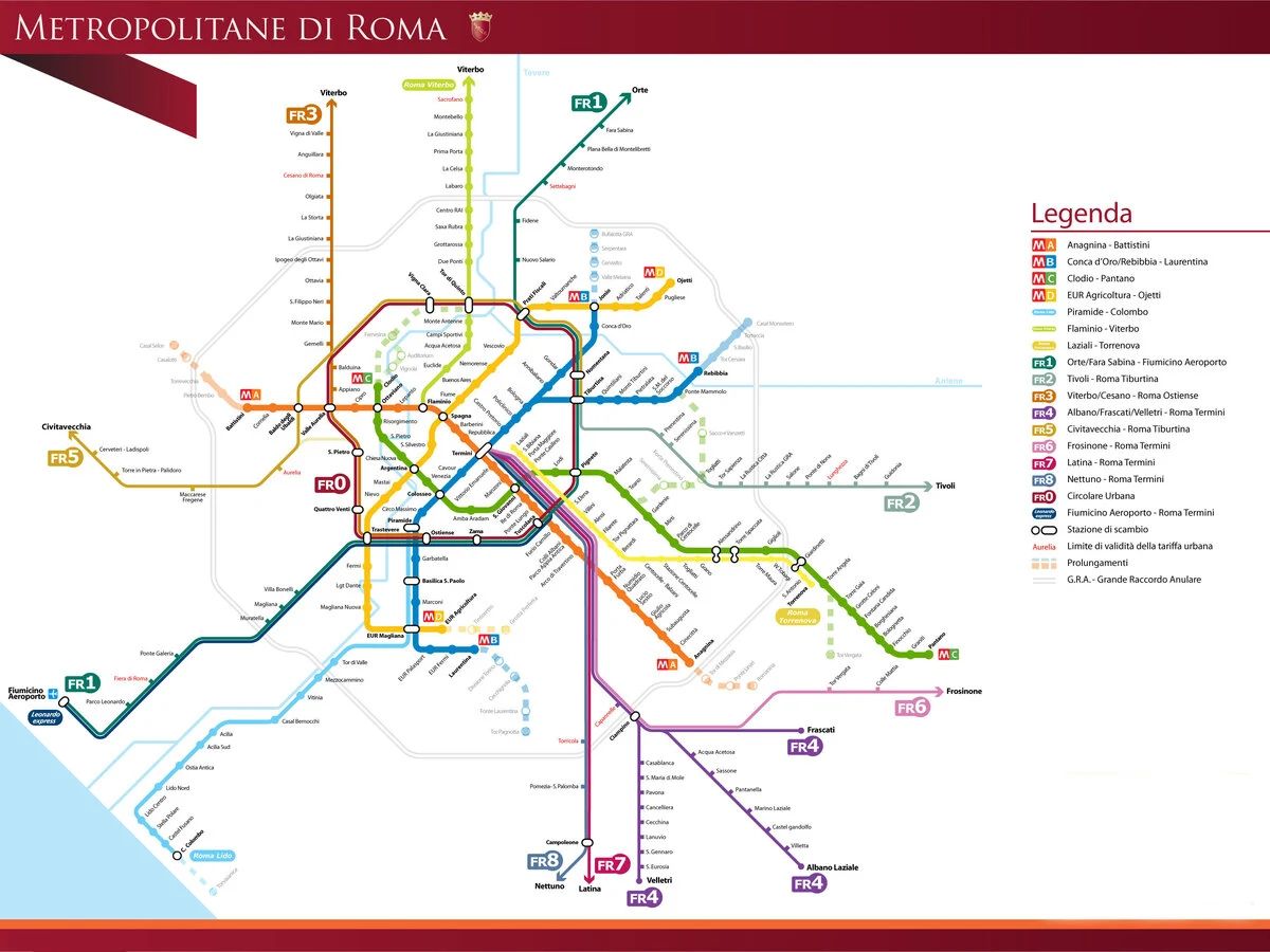 Карта метро, трамваев и электричек Рима. Источник – сайт ATAC – atac.roma.it