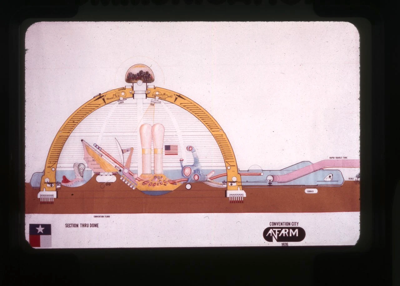 Slide showing Ant Farm’s design for Convention City, which was displayed by SFMoMA as part of their 2012 exhibition “The Utopian Impulse: Buckminster Fuller and the Bay Area“. Image © Ant Farm