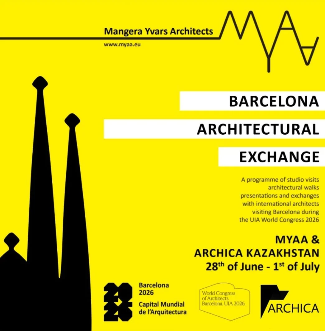 Постер к мероприятию "BARCELONA ARCHITECTURAL EXCHANGE", которое пройдет в Барселоне с 28 июня по 1 июля 2026 года во время Всемирного конгресса архитекторов UIA 2026. Программа организована Mangera Yvars Architects и ARCHICA Казахстан и включает студийные визиты, архитектурные прогулки, презентации и профессиональный обмен с международными архитекторами.