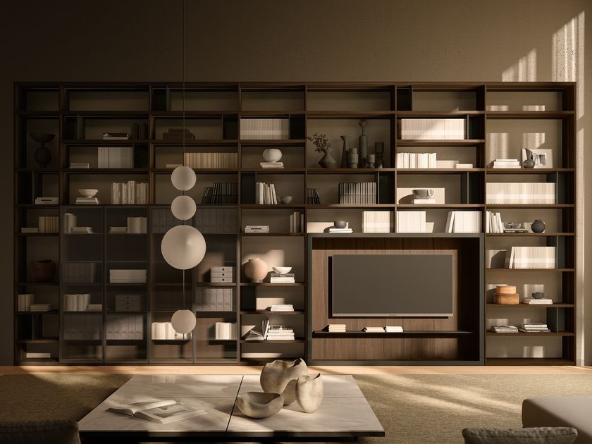 Boffi
ANTIBES SYSTEMS
Sectional wall-mounted wooden bookcase with TV stand