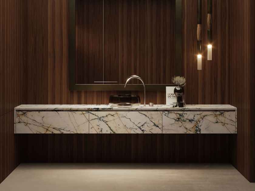 FALPER
VIAVENETO
Single wall-mounted marble vanity unit with drawers