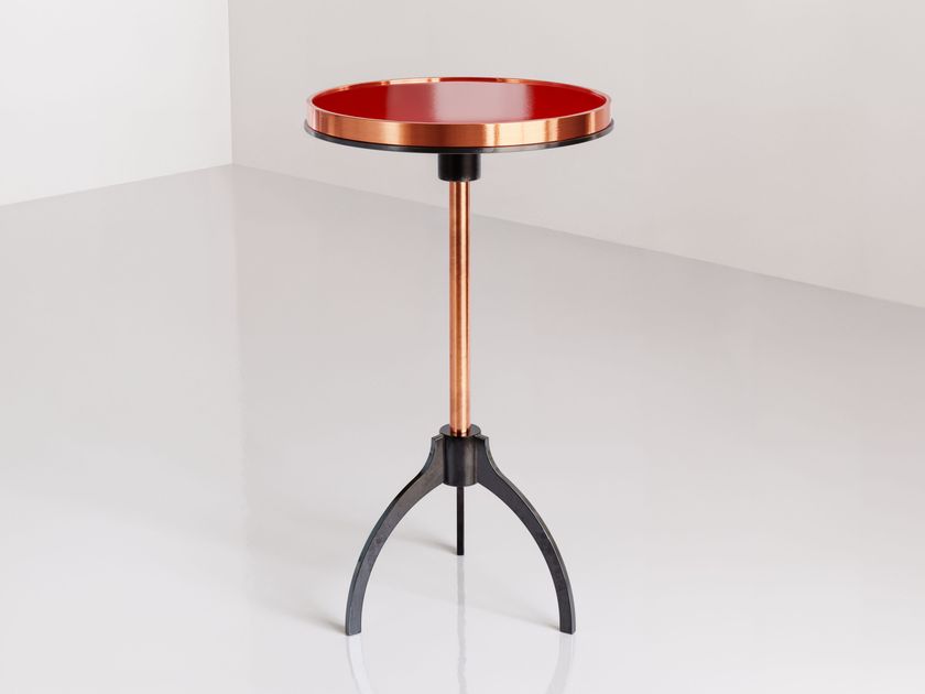 HUE Collection
BOURBON
Three-legged porcelain enamel copper and blued steel high side table