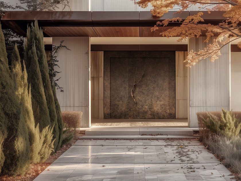Roka
IMPERIAL
Pivot door with liquid metal finish and branch-shaped handle